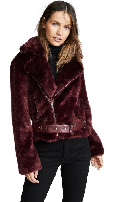 Alexis Shrua Zip-front Belted Faux-fur Jacket In Burgundy