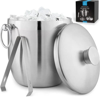 Zulay Kitchen Ice Bucket With Lid, Strainer & Tongs (3 Liters) In Silver