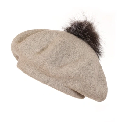 Popski London Bella Beret Fur Pom Pom Hat In Whisper Grey