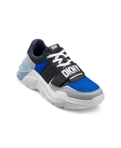 Dkny Men's Mixed Media Runner With Front Logo Strap Sneakers In Blue Combo
