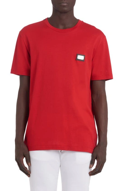 Dolce & Gabbana Logo Plate Crewneck Cotton T-shirt In Rojo