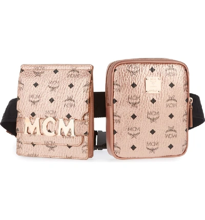 Mcm Stark Canvas Double Belt Bag - Metallic In Champagne/rose Gold