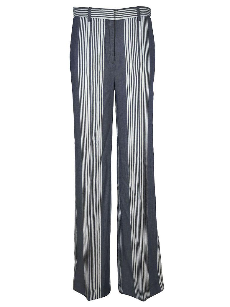 blue and white striped wide leg trousers