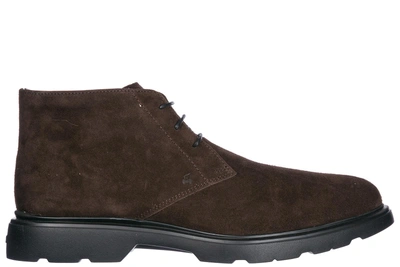 Hogan Men's Suede Desert Boots Lace Up Ankle Boots Route Derby 2 Fori In Brown
