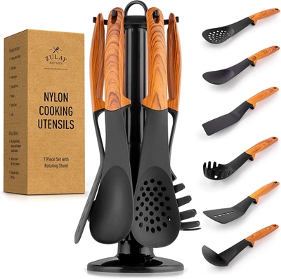 Zulay Kitchen 6-piece Non-stick Nylon Kitchen Utensil Set With Rotating Stand In Brown