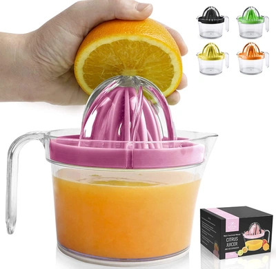 Zulay Kitchen 3-in-1 Manual Citrus Juicer Reamer Cup - Includes 2 Reamers, Strainer & Measuring Cup With Handle In Pink