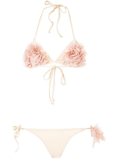 La Reveche Shayna Floral Applique Bikini In Neutrals