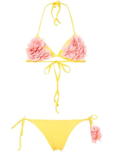 La Reveche Shayna Floral Applique Bikini In Yellow