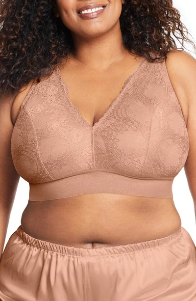 Glamorise Plus Size Full Figure Bramour Lexington Lace Plunge Wireless Bralette In Brown