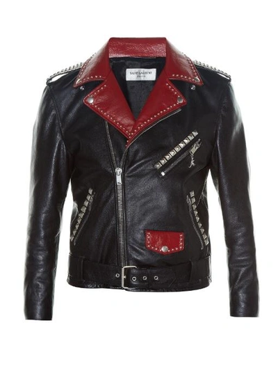 Saint Laurent Studded Bi-colour Leather Biker Jacket | ModeSens