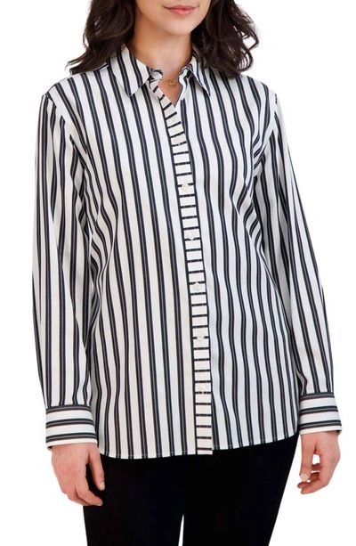 Foxcroft Stripe Boyfriend Button-up Shirt In Black/ White
