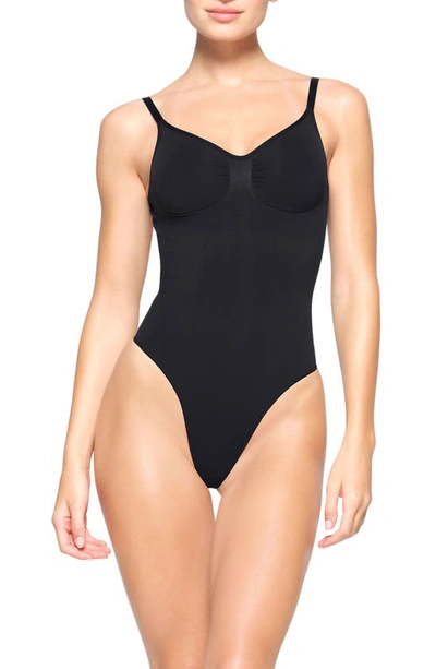Skims Seamless Sculpt Low Back Thong Bodysuit In Onyx