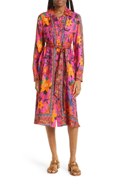 Farm Rio Tropical Tapestry Long Sleeve Belted Shirtdress In Multi