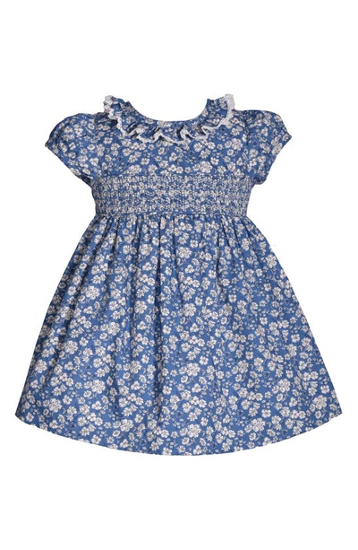 Gerson & Gerson Babies' Floral Puff Sleeve Smocked Bodice Cotton Poplin Dress In Blue
