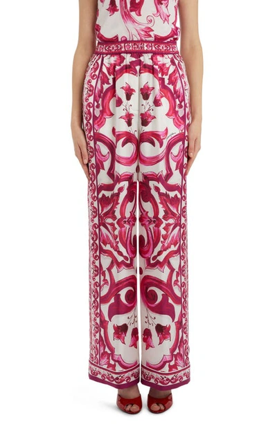 Dolce & Gabbana Tile Print Wide Leg Silk Pants In Tris Maioliche Fuxia