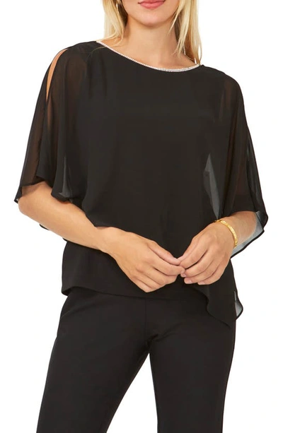 Chaus Rhinestone Trim Cold Shoulder Overlay Top In Black 001