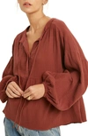 Wishlist Long Sleeve Cotton Gauze Peplum Top In Rust