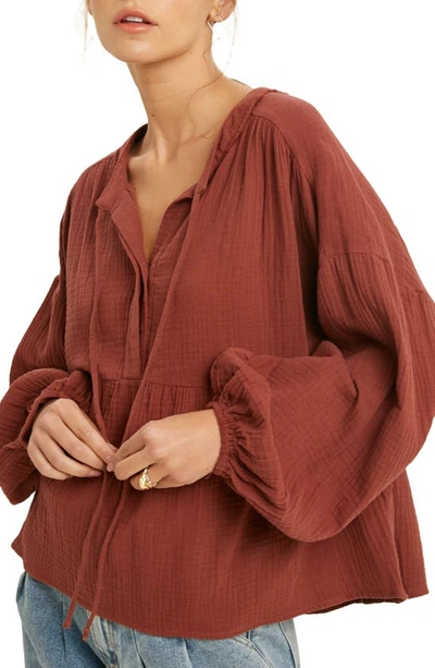 Wishlist Long Sleeve Cotton Gauze Peplum Top In Rust