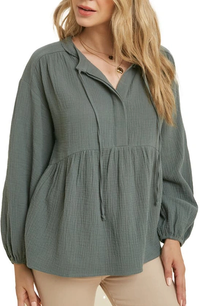 Wishlist Long Sleeve Cotton Gauze Peplum Top In T Green