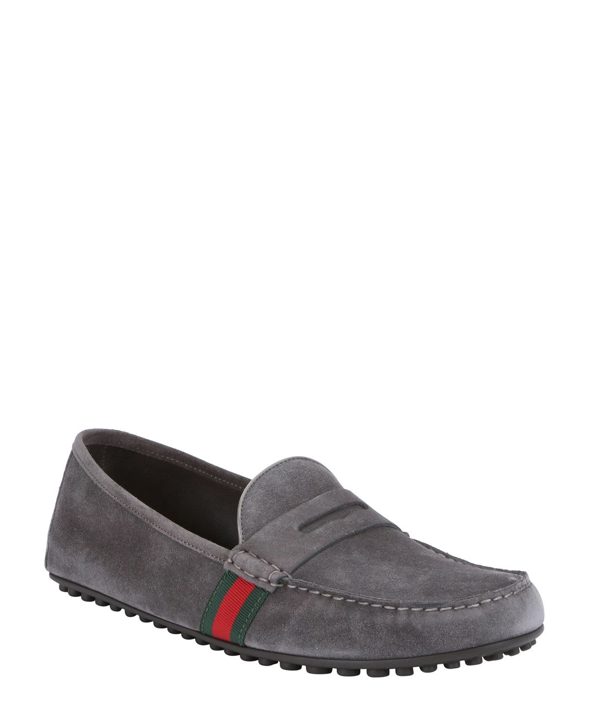 Gucci Grey Suede Web Stripe Driving Loafers' | ModeSens