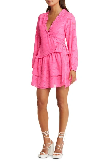 Asos Design Long Sleeve Jacquard Wrap Dress In Pink
