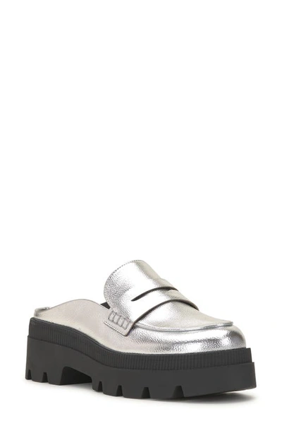 Jessica Simpson Uma Platform Penny Loafer Mule In Silver Faux Leather