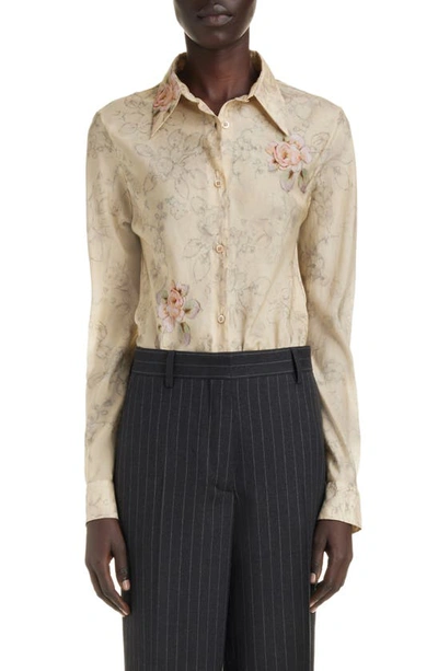 Dries Van Noten Celindas Floral Button Up Silk Shirt In Ecru
