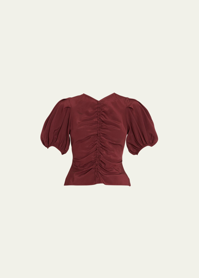 Ulla Johnson Elise Ruffle-trim Silk Puff-sleeve Top In Mahogany
