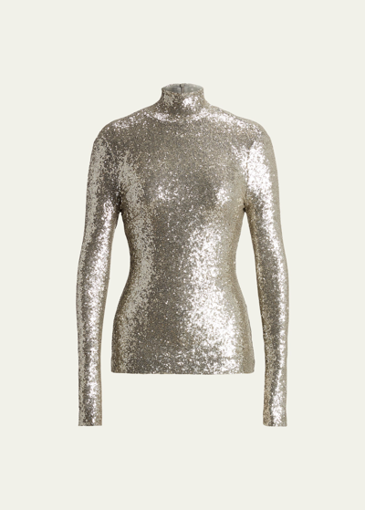 Ralph Lauren Sequin Turtleneck Top In Silver