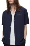 Allsaints Underground Logo Print Relaxed Fit Button Down Camp Shirt In Ink Navy