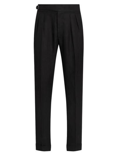 Ralph Lauren Purple Label Men's Byron Linen-silk Pleated Trousers In Black