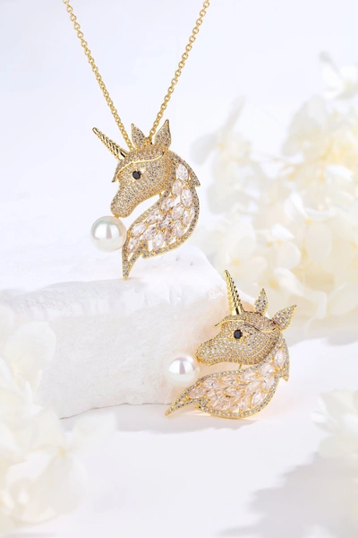 Classicharms Gold Pavé Unicorn Brooch In Silver