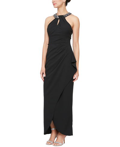 Sl Fashions Petite Embellished-neck Sleeveless Dress In Black