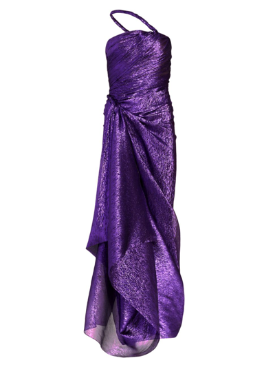 Oscar De La Renta One-shoulder Draped Silk-blend Lamé Gown In Violet