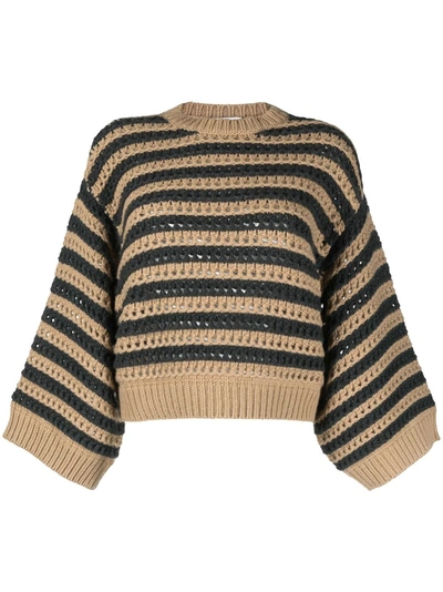 Brunello Cucinelli Striped Crochet Wool-blend Jumper In Neutrals