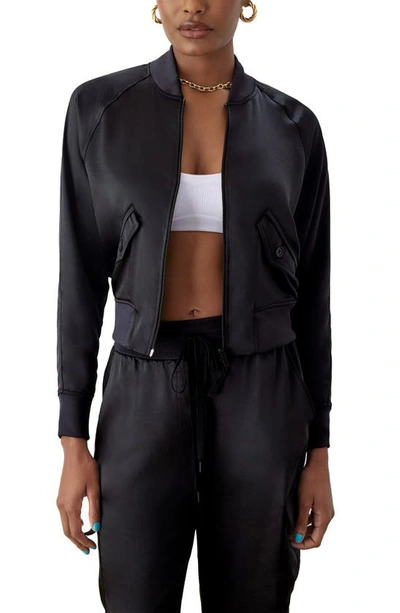 Gstq Satin Bomber Jacket In Black Beauty