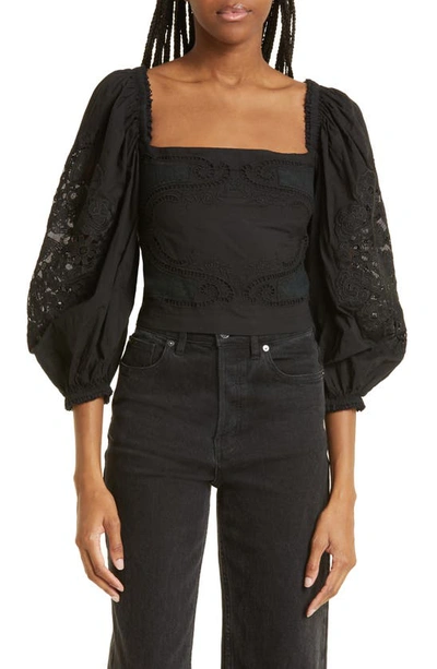 Farm Rio Embroidered Cotton Blouse In Black