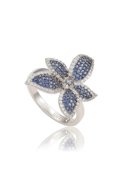 Suzy Levian Floral Sterling Silver White Sapphire Blue Sapphire Brown Diamond Ring