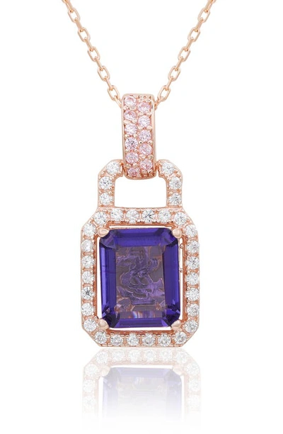 Suzy Levian Rose Gold Plated Sterling Silver Cubic Zirconia Pendant Necklace In Blue Tanzanite