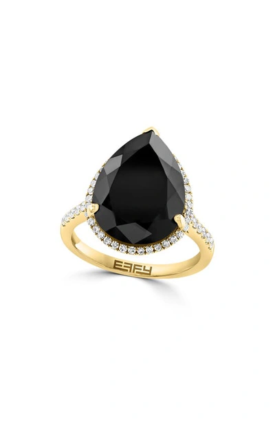 Effy 14k Yellow Gold Pear Cut Onyx & Diamond Halo Ring In Black