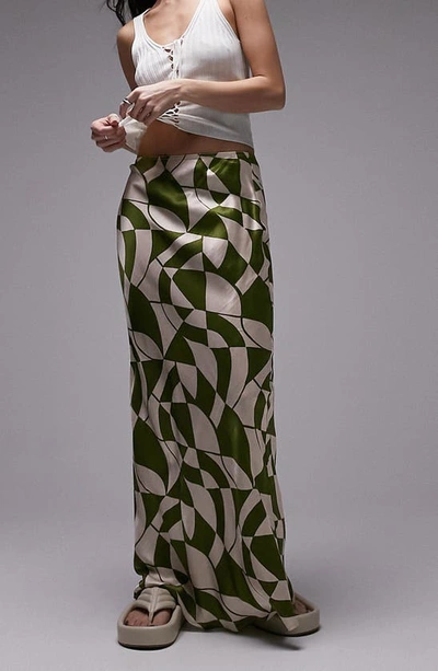 Topshop Geo Print Bias Cut Satin Maxi Skirt In Light Green