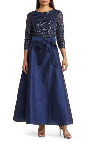 Pisarro Nights Beaded Tie Waist Taffeta Gown In Navy