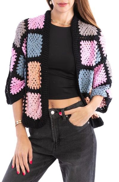 Saachi Pastel Crochet Square Cardigan In Black