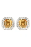 Suzy Levian Sterling Silver Assher Cut Sapphire Halo Stud Earrings In Yellow
