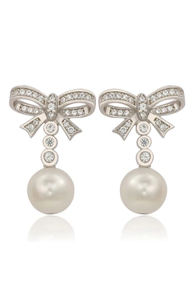 Suzy Levian Sterling Silver Freshwater Pearl Bow Drop Earrings In White