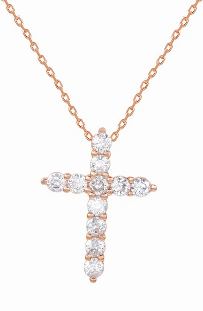 Suzy Levian Rose Gold Plated Sterling Silver Cubic Zirconia Cross Pendant Necklace