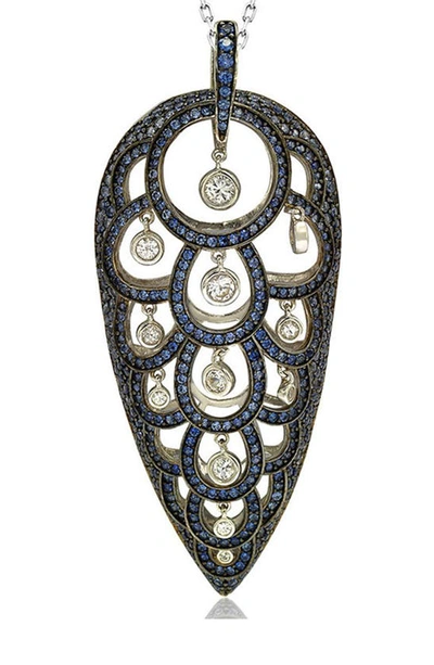 Suzy Levian Sterling Silver Sapphire Pavé Necklace In Blue