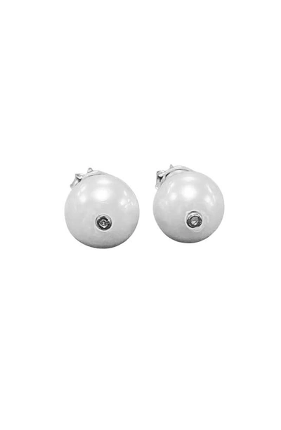 Suzy Levian Sterling Silver Freshwater Pearl Stud Earrings In White