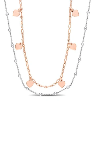 Delmar Two-tone Heart & Ball Bead Chain Necklace In Rose Gold/ Silver