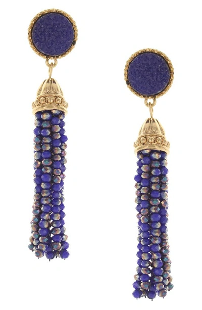 Olivia Welles Ava Beaded Tassel Drop Earrings In Antique Gold / Blue